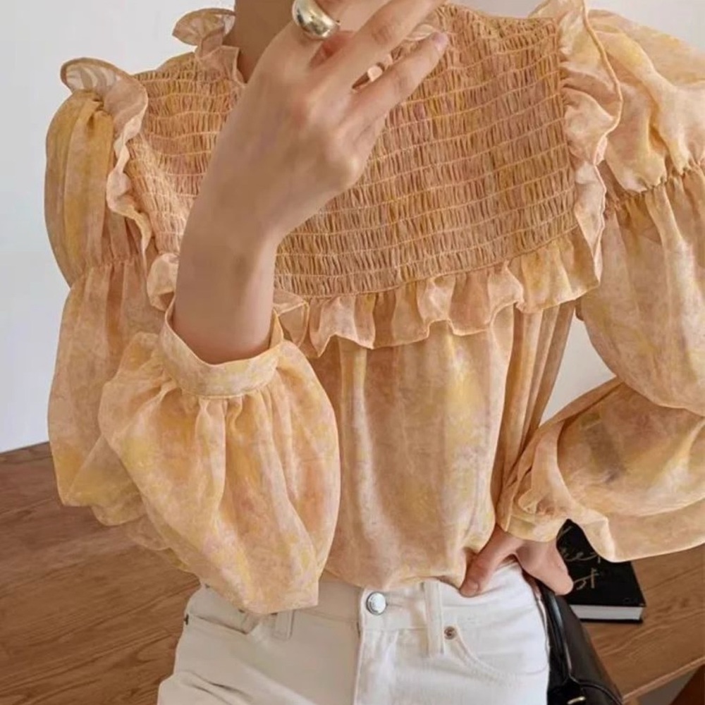 Sheer floral light orangee full-sleeve top